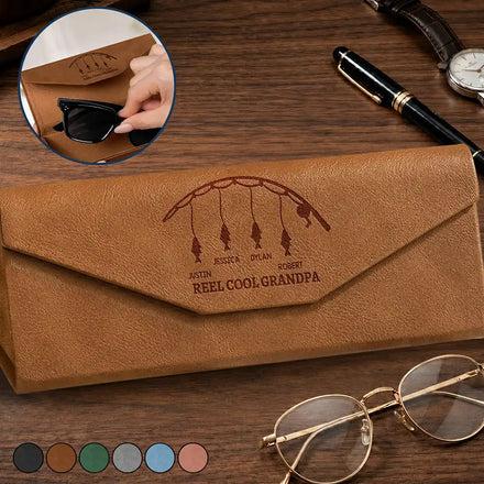 Reel Cool Grandpa Dad With Kids Names - Personalized Leather Glasses Case