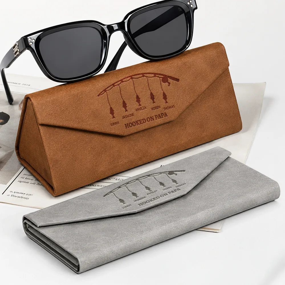 Happy,Gift For Men,Gift For Father,Gift For Grandpa,Gift For Husband,Dad's Hobby,Grandpa's Hobby,Fishing,Gift For Couples,Non-Eng,Icon,Adorable - Reel Cool Grandpa Dad With Kids Names - Personalized Leather Glasses Case