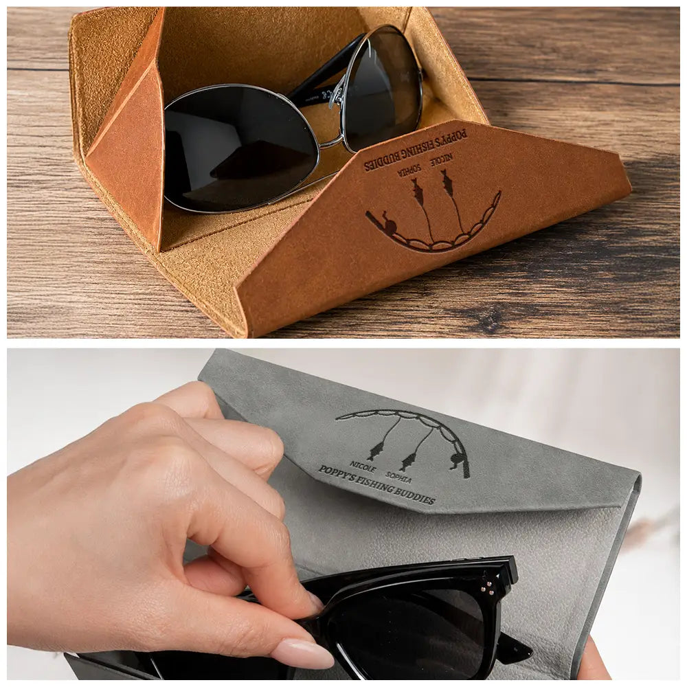 Happy,Gift For Men,Gift For Father,Gift For Grandpa,Gift For Husband,Dad's Hobby,Grandpa's Hobby,Fishing,Gift For Couples,Non-Eng,Icon,Adorable - Reel Cool Grandpa Dad With Kids Names - Personalized Leather Glasses Case