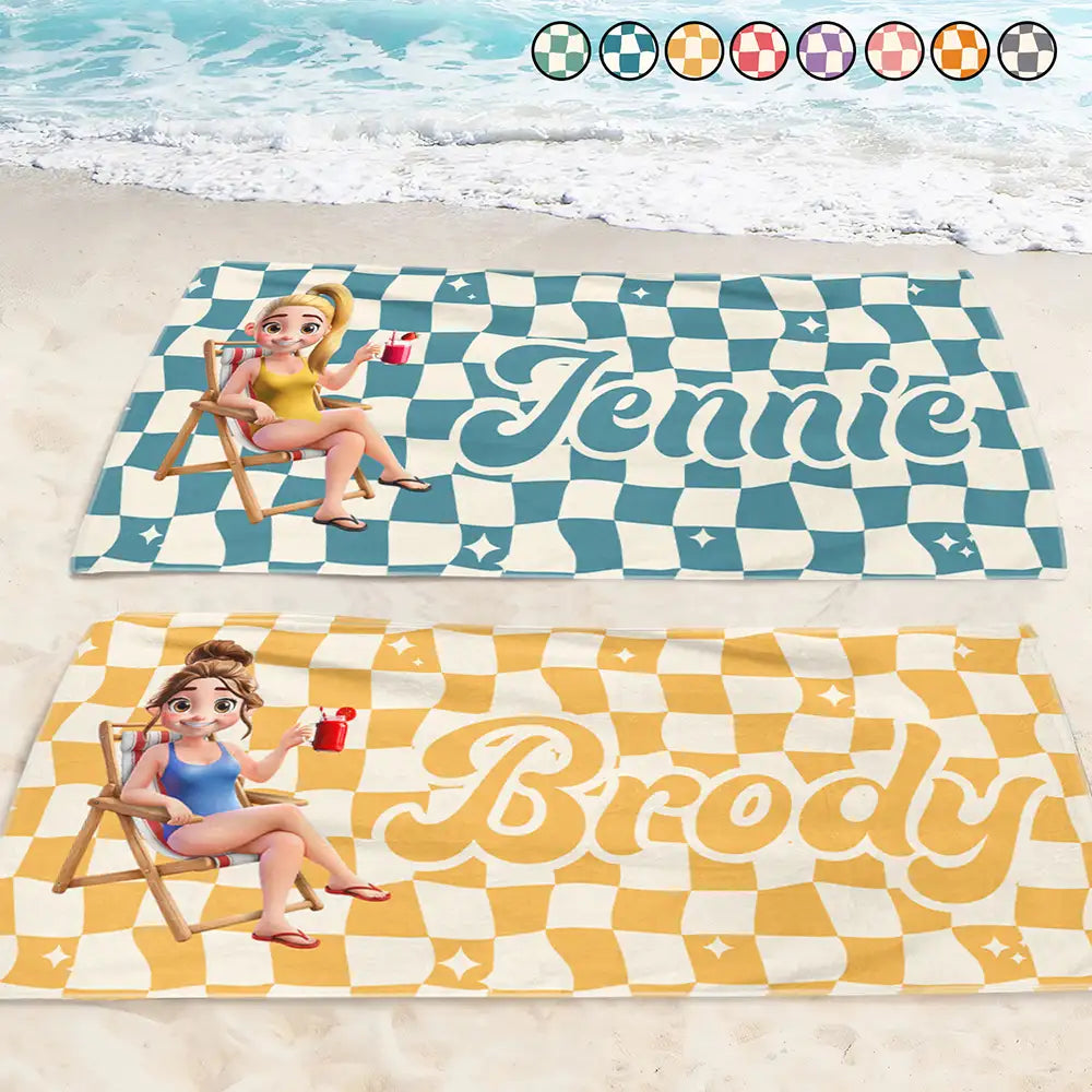 Beach,Summer,Gift For Yourself,Gift For Women,Gift For Bestie - Retro Checker Just A Girl Who Loves Beach - Personalized Beach Towel