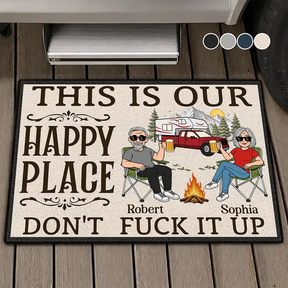 Humorous,Camping,Outdoor Decor,Gift For Couples,Vector - Retro Cartoon Camping Couple This Is Our Happy Place - Personalized Doormat