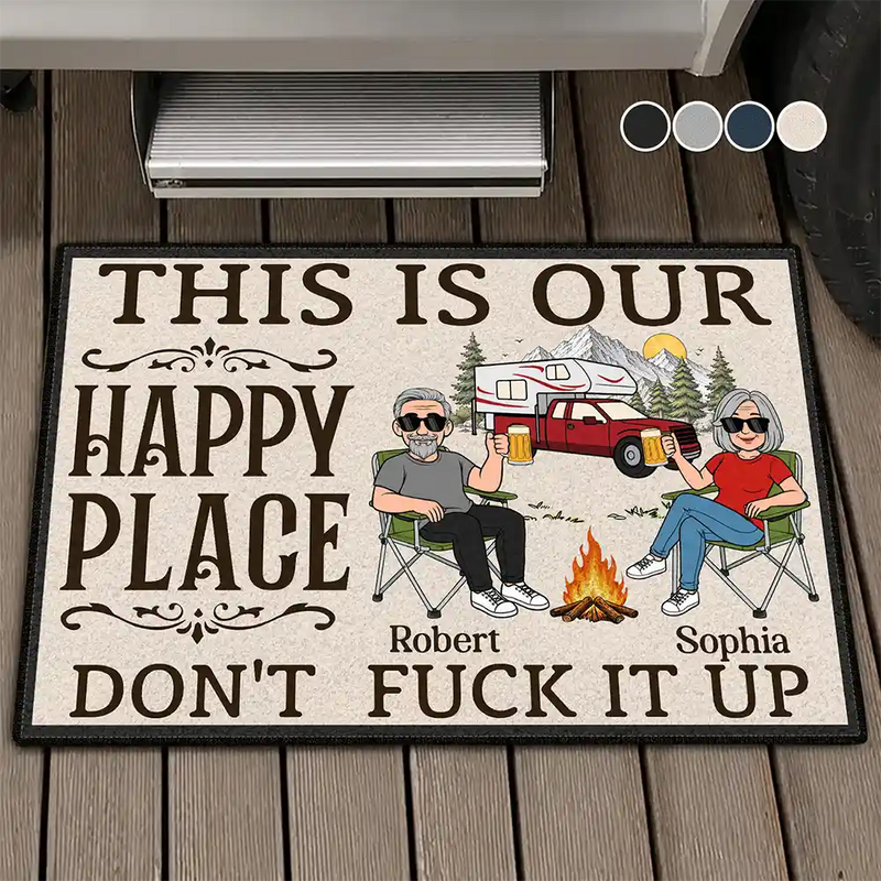 Humorous,Camping,Outdoor Decor,Gift For Couples,Vector - Retro Cartoon Camping Couple This Is Our Happy Place - Personalized Doormat