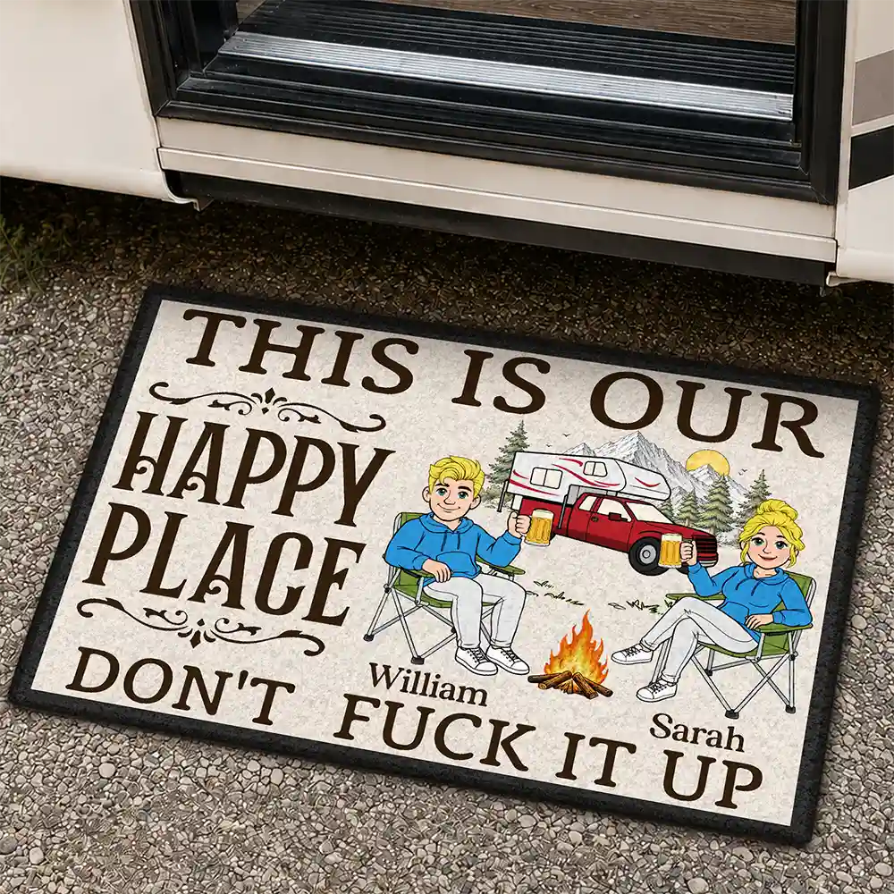 Humorous,Camping,Outdoor Decor,Gift For Couples,Vector - Retro Cartoon Camping Couple This Is Our Happy Place - Personalized Doormat