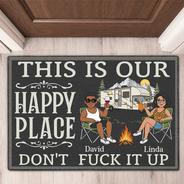 Humorous,Camping,Outdoor Decor,Gift For Couples,Vector - Retro Cartoon Camping Couple This Is Our Happy Place - Personalized Doormat