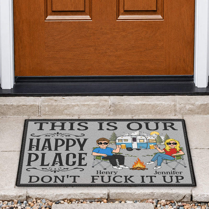 Humorous,Camping,Outdoor Decor,Gift For Couples,Vector - Retro Cartoon Camping Couple This Is Our Happy Place - Personalized Doormat