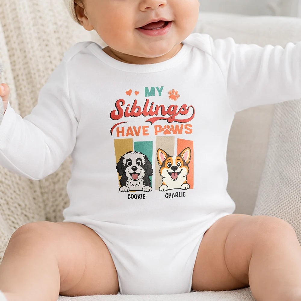 Top Market,New Baby,Playful,Pet Lovers,Vector - Retro Dogs Cats Siblings Have Paws - Personalized Baby Onesie