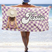 Gift For Yourself,Gift For Women,Happy - Retro Groovy Name Girl By The Beach - Personalized Beach Towel