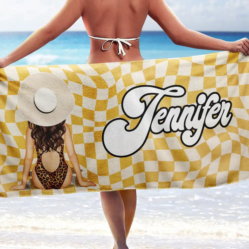Gift For Yourself,Gift For Women,Happy - Retro Groovy Name Girl By The Beach - Personalized Beach Towel