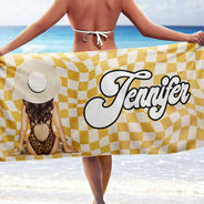Gift For Yourself,Gift For Women,Happy - Retro Groovy Name Girl By The Beach - Personalized Beach Towel