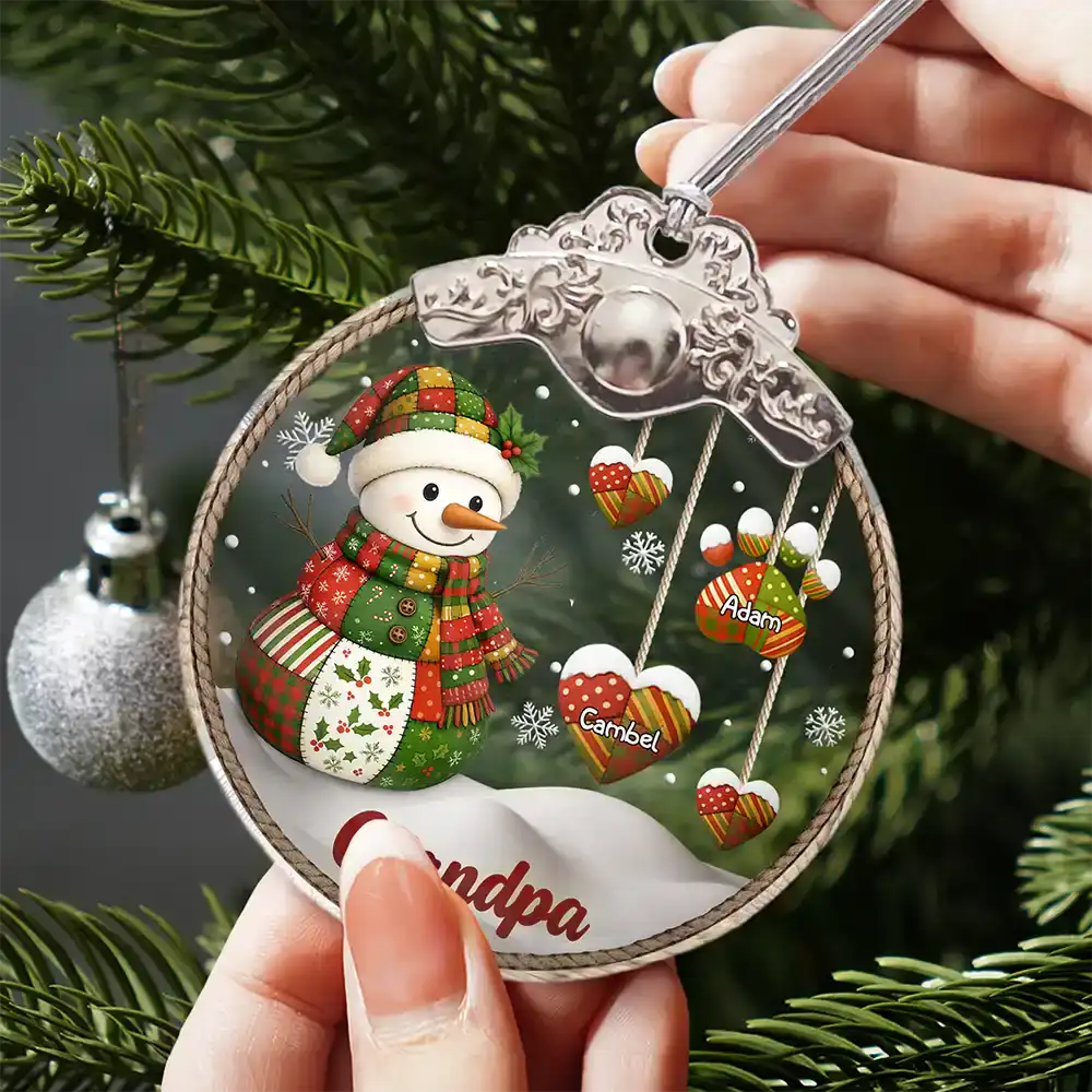 Gift For Grandma, Gift For Grandparents, Christmas, Love - Retro Patchwork Snowman - Personalized Glass Ornament With Silver Cap