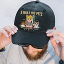 Pet Lovers,Pet Mom,Pet Dad,Dog Lovers,Dog Mom,Dog Dad,Cat Lovers,Cat Mom,Cat Dad,Gift For Women,Gift For Men,Happy,Top Market - Retro Style A Man & His Dog Cat - Personalized Vintage Washed Denim Cap
