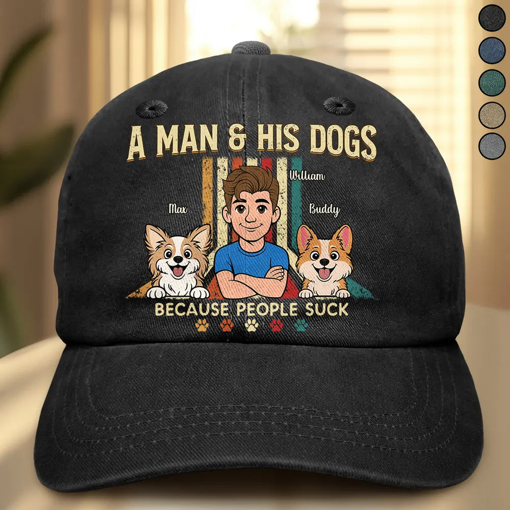 Retro Style A Man & His Dog Cat - Personalized Vintage Washed Denim Cap
