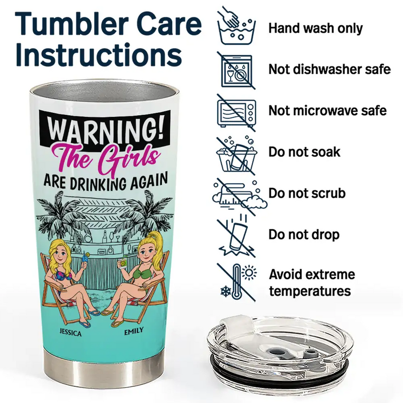 Gift For Bestie,Humorous,Beach,Summer,Vector - Retro Style Besties Warning The Girls Are Drinking Again - Personalized Tumbler