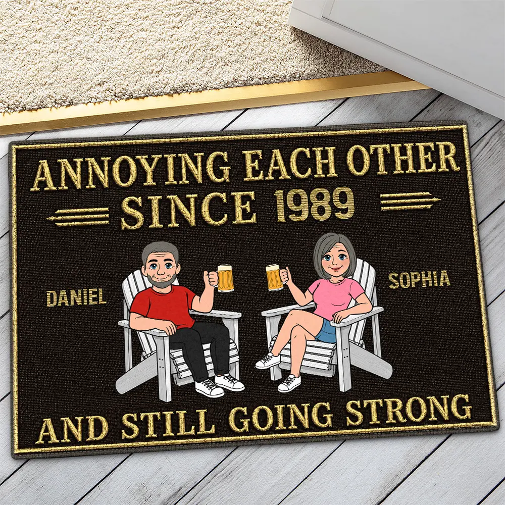 Humorous,Indoor Decor,Old Couples,Gift For Couples,Vector - Retro Style Couple Annoying Each Other And Still Going Strong - Personalized Doormat