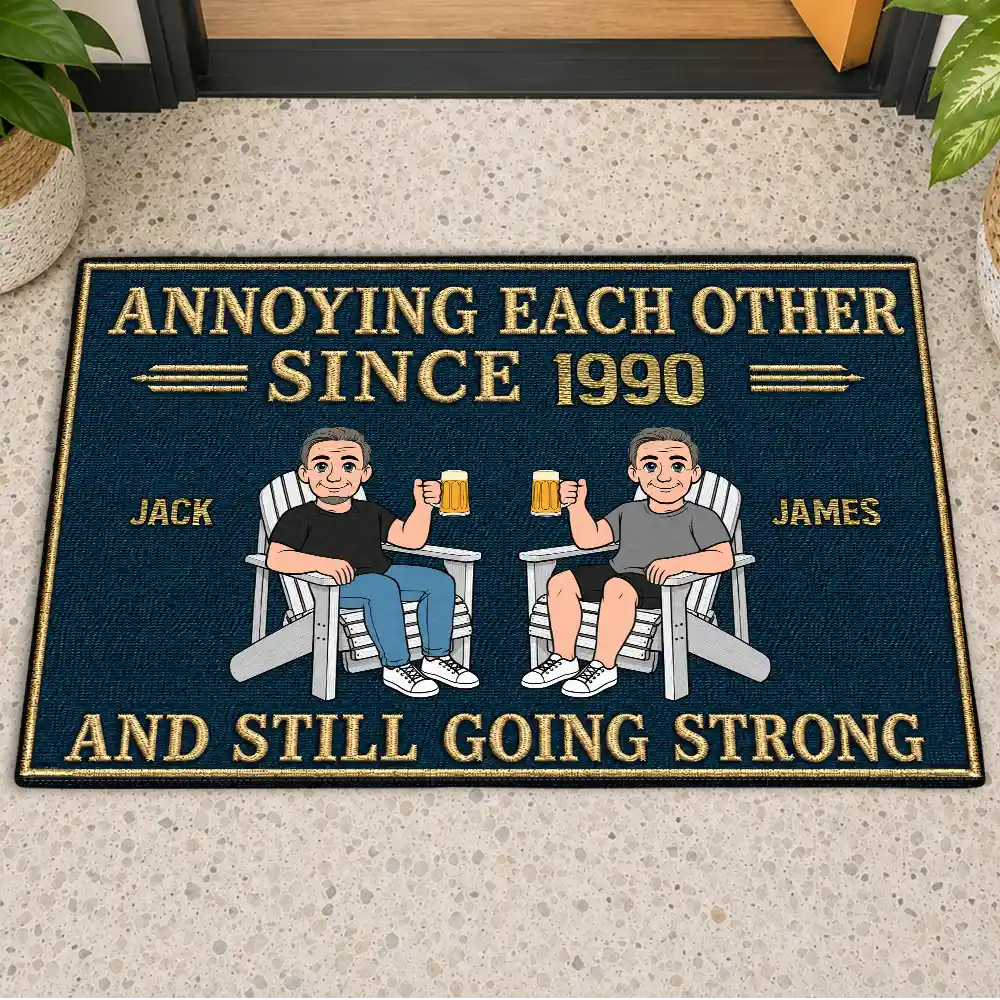 Humorous,Indoor Decor,Old Couples,Gift For Couples,Vector - Retro Style Couple Annoying Each Other And Still Going Strong - Personalized Doormat