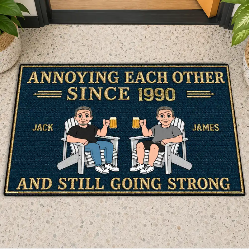 Humorous,Indoor Decor,Old Couples,Gift For Couples,Vector - Retro Style Couple Annoying Each Other And Still Going Strong - Personalized Doormat
