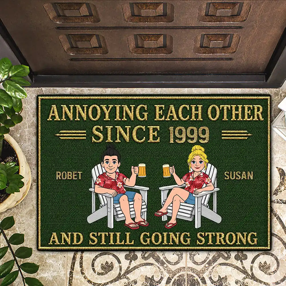 Humorous,Indoor Decor,Old Couples,Gift For Couples,Vector - Retro Style Couple Annoying Each Other And Still Going Strong - Personalized Doormat