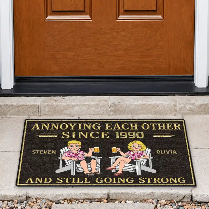 Humorous,Indoor Decor,Old Couples,Gift For Couples,Vector - Retro Style Couple Annoying Each Other And Still Going Strong - Personalized Doormat