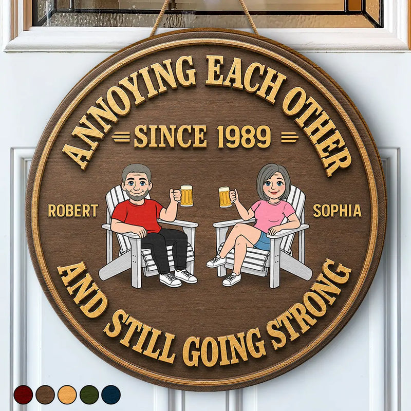 Humorous, Old Couples, Gift For Couples, Vector - Retro Style Couple Annoying Each Other Wood-Look - Personalized Custom Shaped Wood Sign