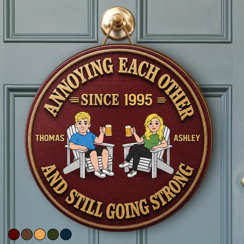 Humorous, Old Couples, Gift For Couples, Vector - Retro Style Couple Annoying Each Other Wood-Look - Personalized Custom Shaped Wood Sign