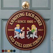Humorous, Old Couples, Gift For Couples, Vector - Retro Style Couple Annoying Each Other Wood-Look - Personalized Custom Shaped Wood Sign