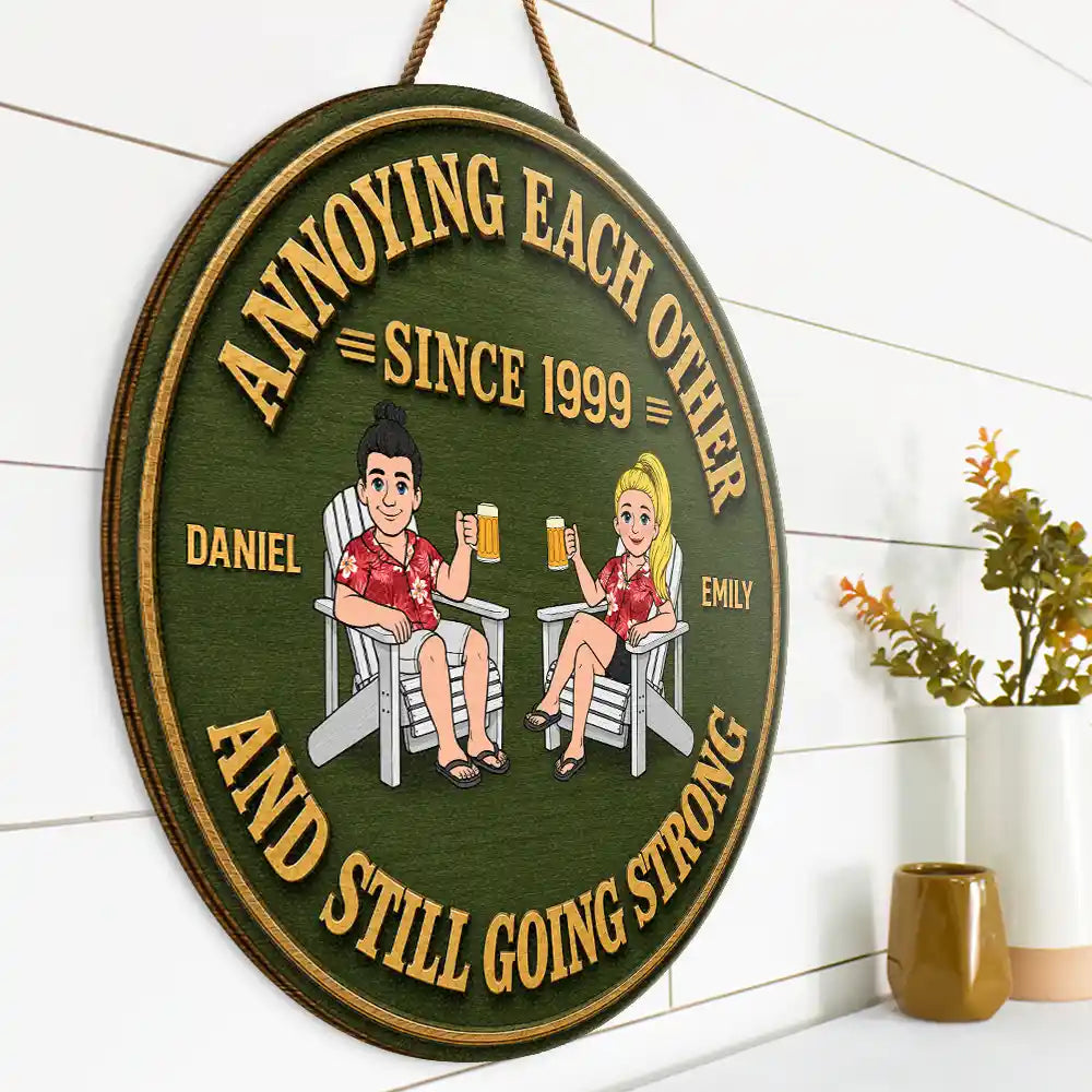 Humorous, Old Couples, Gift For Couples, Vector - Retro Style Couple Annoying Each Other Wood-Look - Personalized Custom Shaped Wood Sign