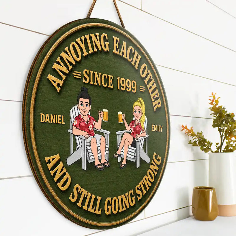Humorous, Old Couples, Gift For Couples, Vector - Retro Style Couple Annoying Each Other Wood-Look - Personalized Custom Shaped Wood Sign