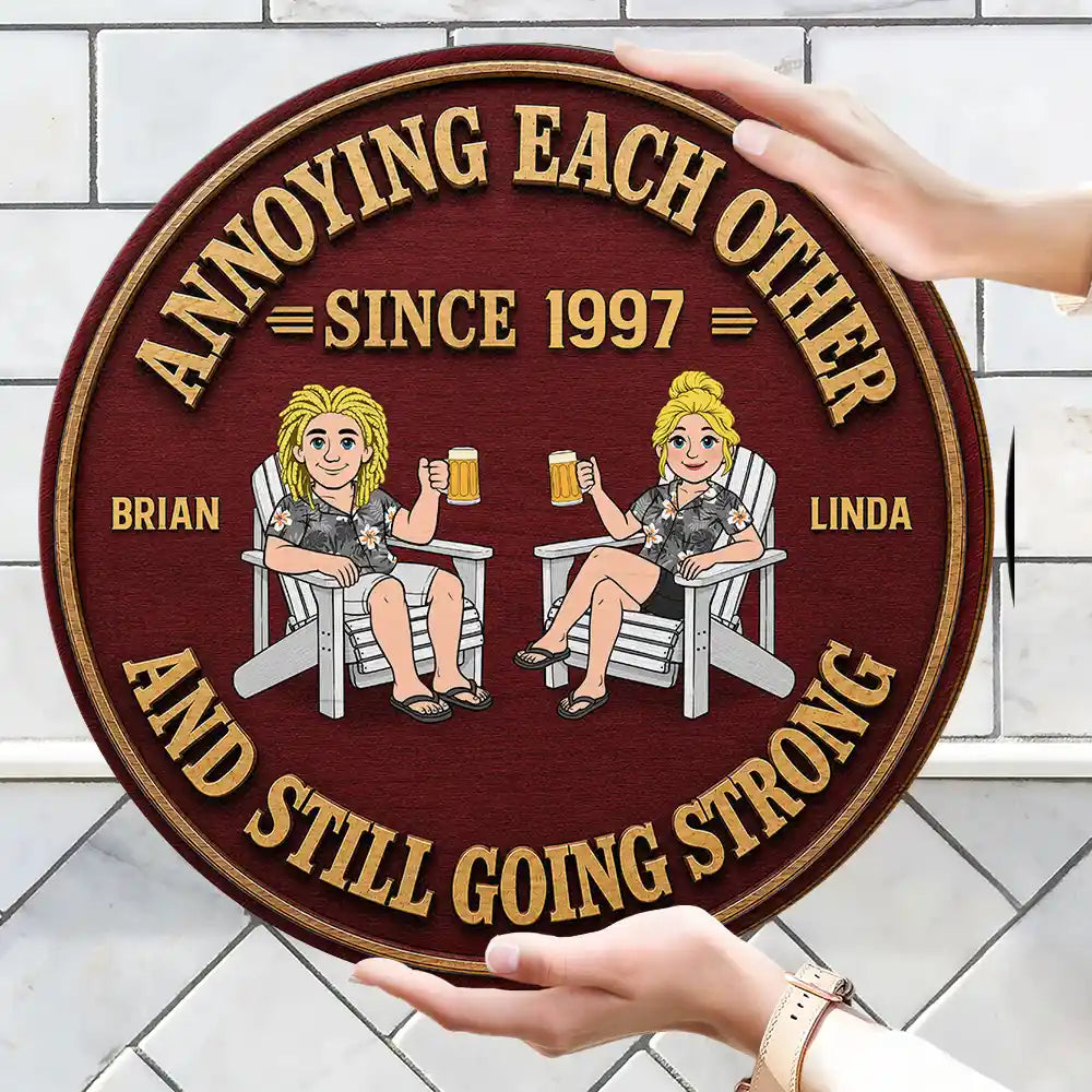 Humorous, Old Couples, Gift For Couples, Vector - Retro Style Couple Annoying Each Other Wood-Look - Personalized Custom Shaped Wood Sign