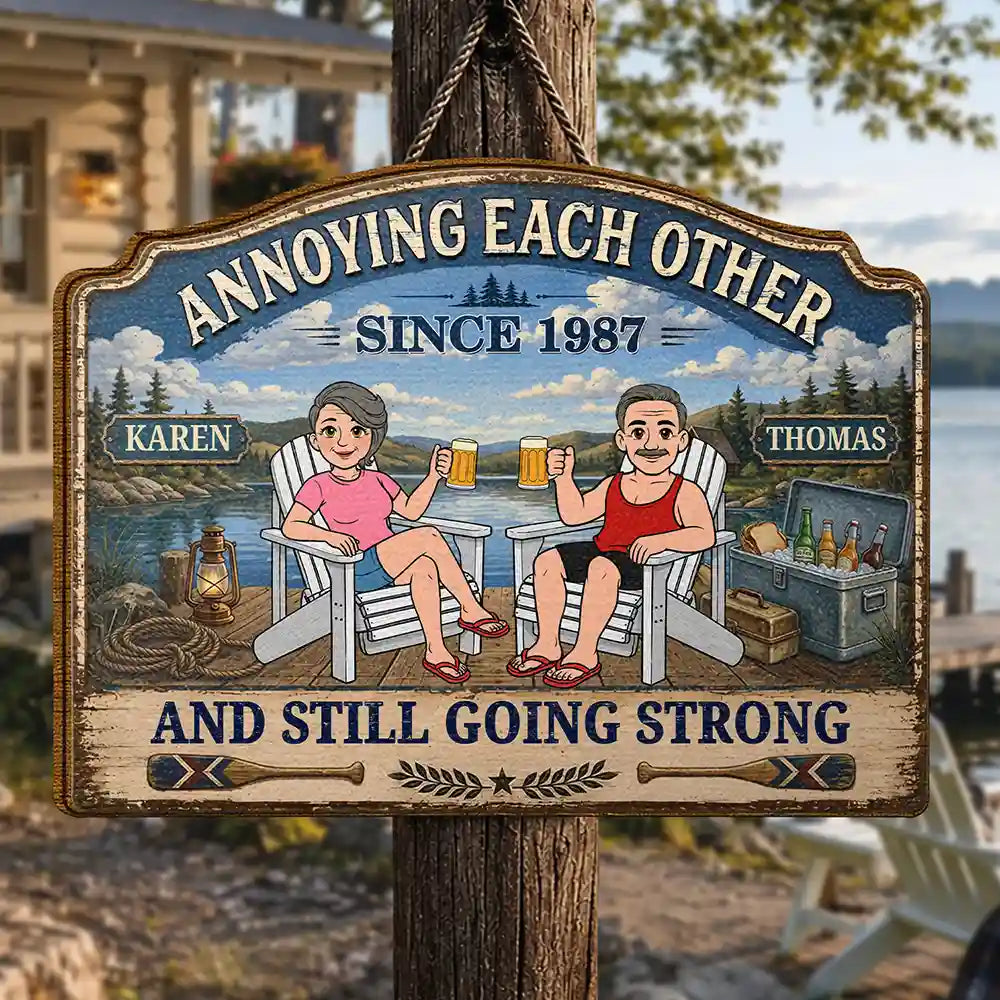 Retro Style Couple Lake House Annoying Each Other - Personalized Custom Shaped Wood Sign