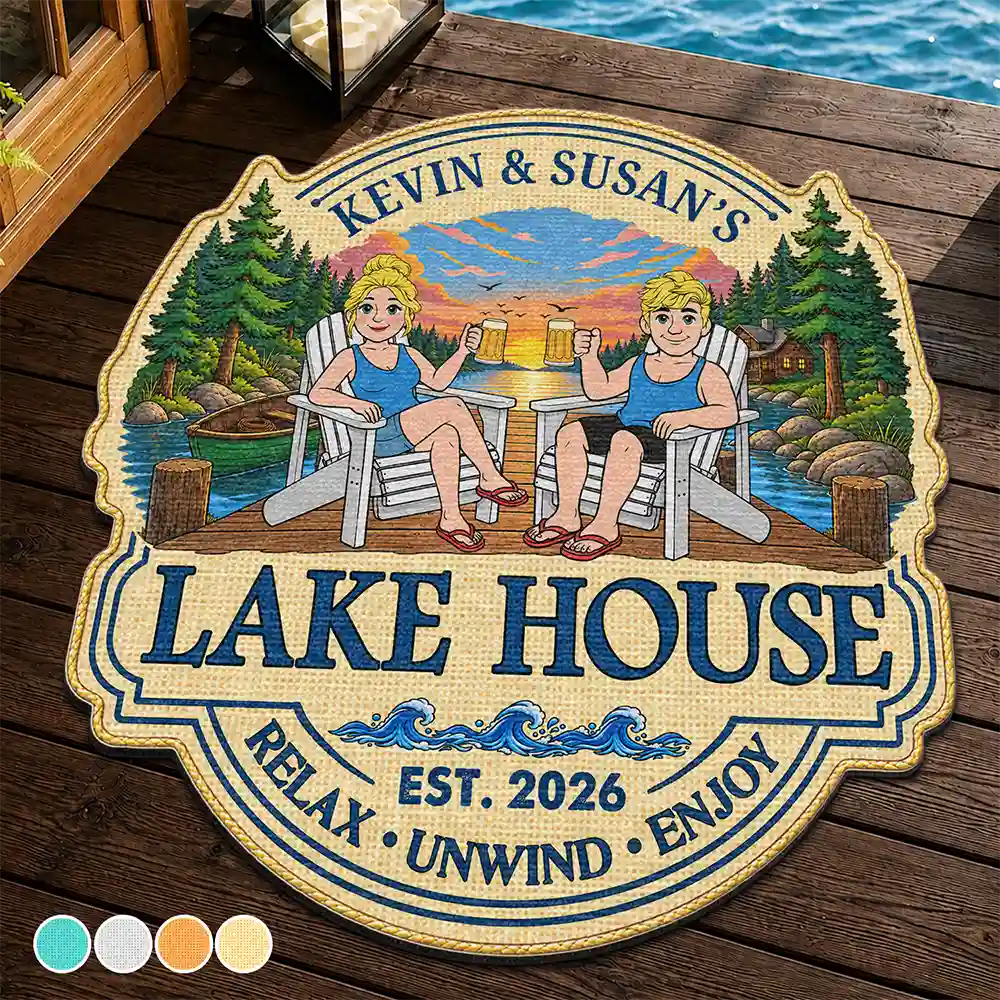 Retro Style Couple Welcome To Our Lake House - Personalized Custom Shaped Doormat