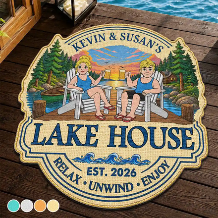 Retro Style Couple Welcome To Our Lake House - Personalized Custom Shaped Doormat