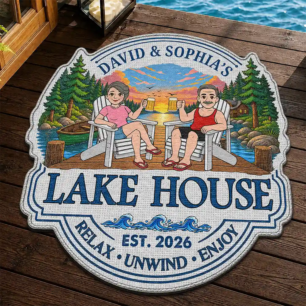 Outdoor Decor,Lake,Gift For Couples,Vector,Happy - Retro Style Couple Welcome To Our Lake House - Personalized Custom Shaped Doormat