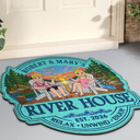 Outdoor Decor,Lake,Gift For Couples,Vector,Happy - Retro Style Couple Welcome To Our Lake House - Personalized Custom Shaped Doormat
