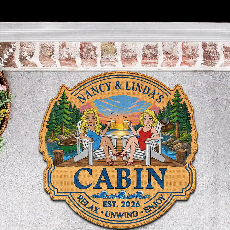 Outdoor Decor,Lake,Gift For Couples,Vector,Happy - Retro Style Couple Welcome To Our Lake House - Personalized Custom Shaped Doormat