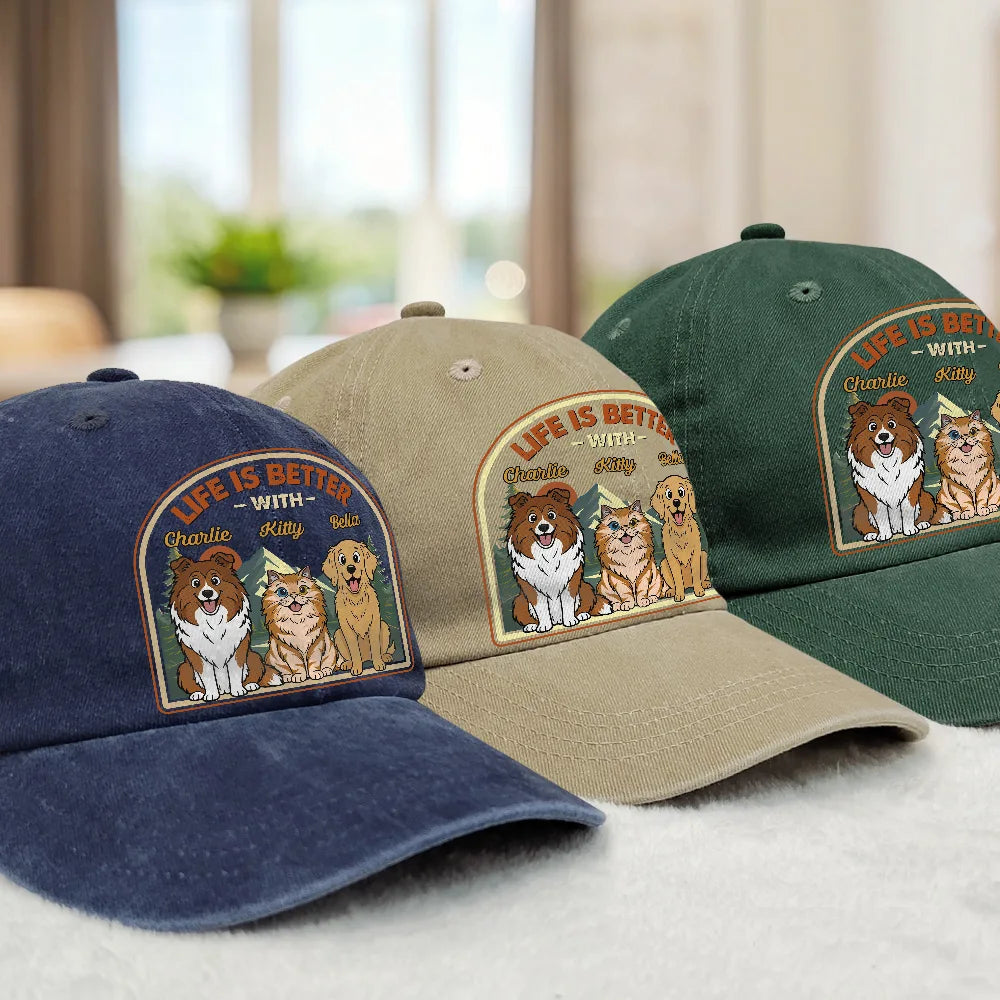 Dog Dad,Pet Lovers,Gift For Father,Top Market,Adorable,Vector - Retro Style Life Is Better With Dog Cat - Personalized Vintage Washed Denim Cap