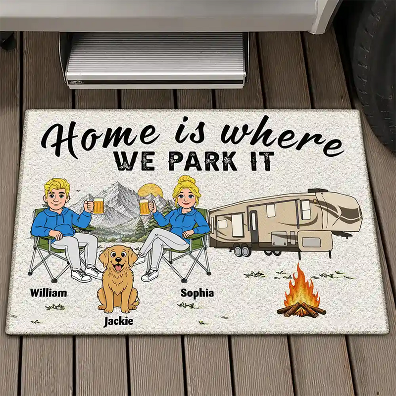 Dog Couple,Camping,Dog Lovers,Outdoor Decor,Pet Lovers,Gift For Couples,Vector,Happy - Retro Cartoon You And Me And The Dogs - Personalized Doormat