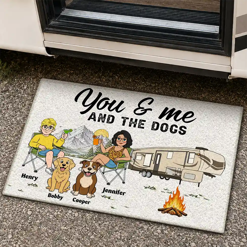 Dog Couple,Camping,Dog Lovers,Outdoor Decor,Pet Lovers,Gift For Couples,Vector,Happy - Retro Cartoon You And Me And The Dogs - Personalized Doormat