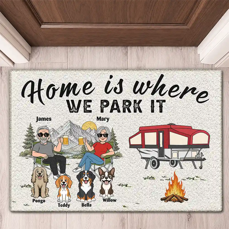 Dog Couple,Camping,Dog Lovers,Outdoor Decor,Pet Lovers,Gift For Couples,Vector,Happy - Retro Cartoon You And Me And The Dogs - Personalized Doormat