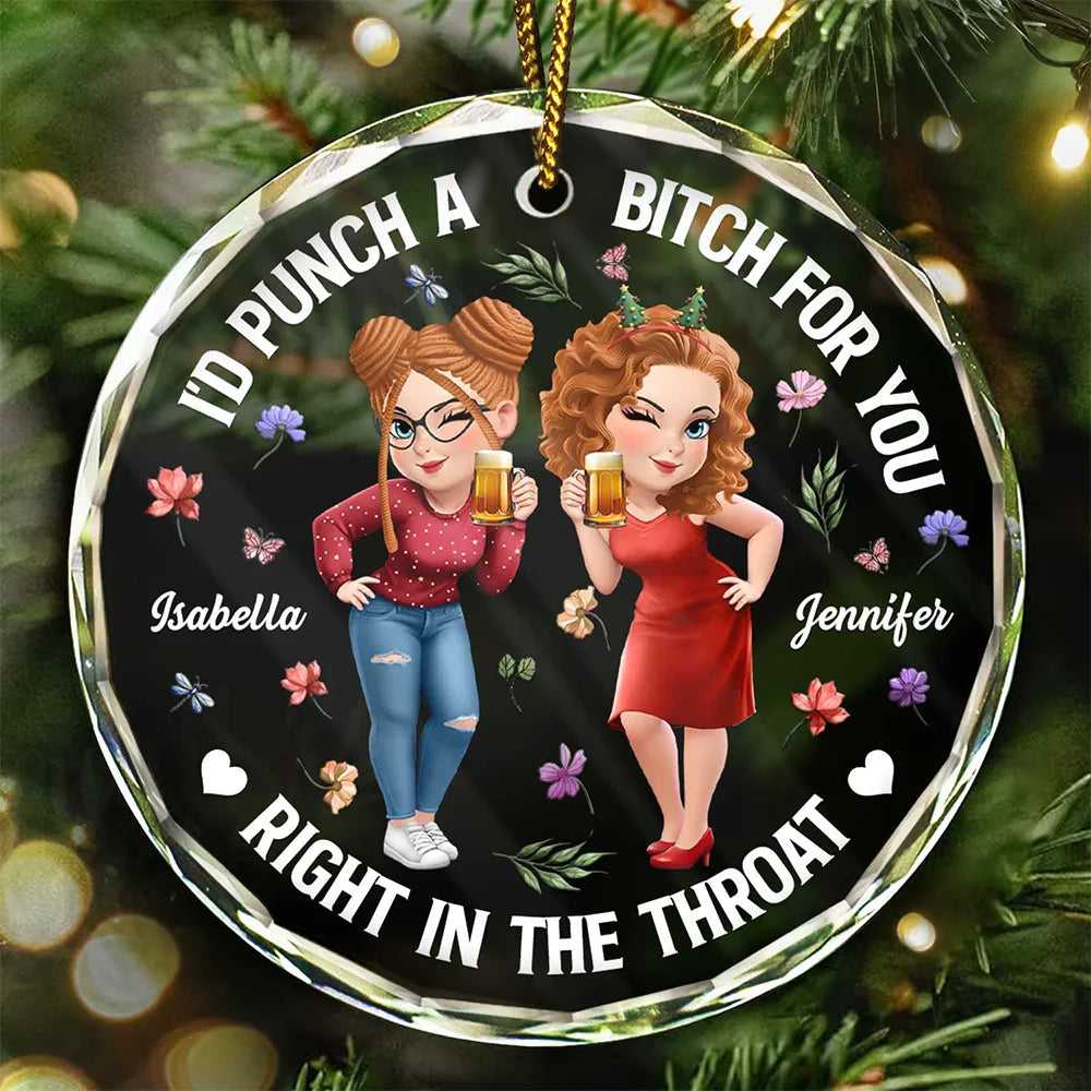 Right In The Throat 3D Effect Bestie Funny - Personalized Circle Glass Ornament
