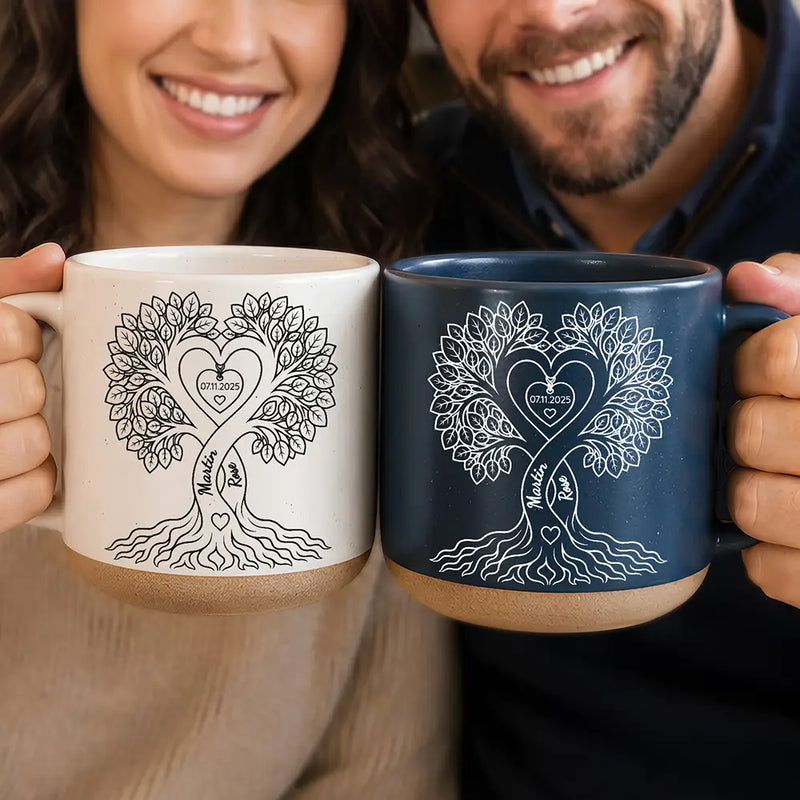 Anniversary,Romantic,Gift For Couples,Custom Text - Romantic Couple Heart Tree - Personalized Pottery Mug