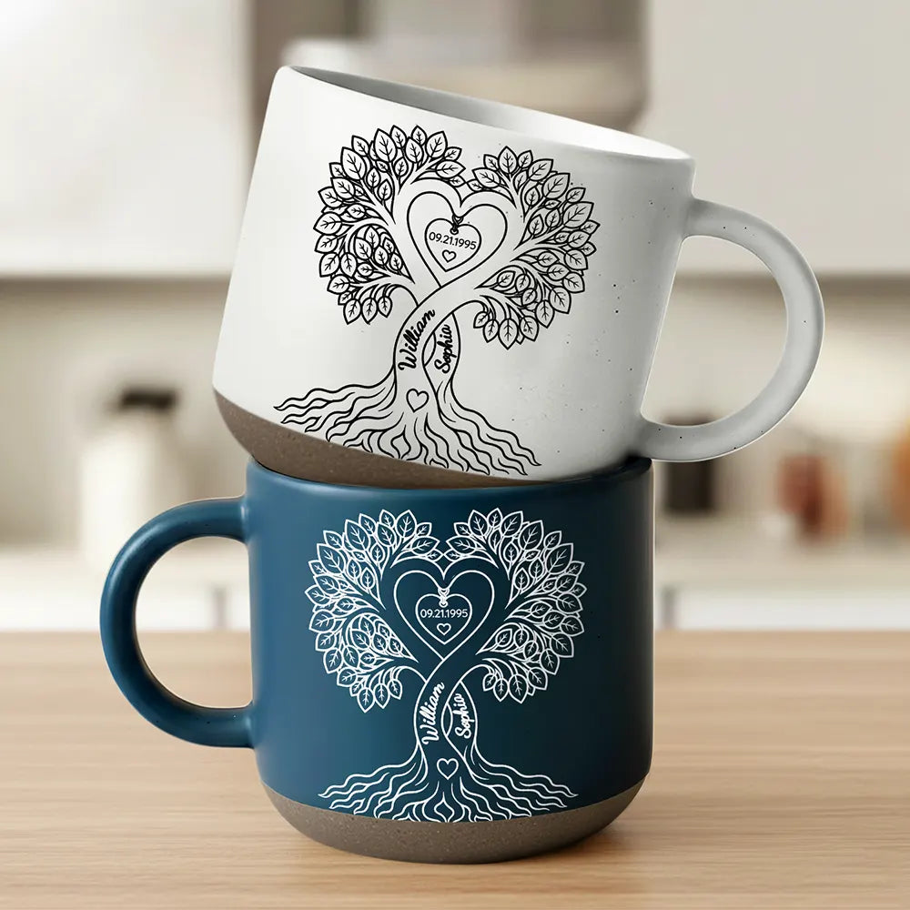 Anniversary,Romantic,Gift For Couples,Custom Text - Romantic Couple Heart Tree - Personalized Pottery Mug