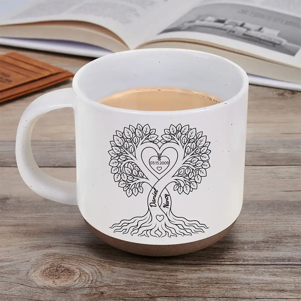 Anniversary,Romantic,Gift For Couples,Custom Text - Romantic Couple Heart Tree - Personalized Pottery Mug