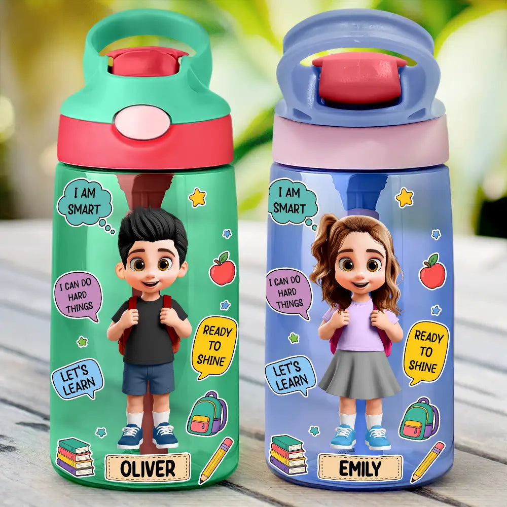 School Kid With Backpack - Personalized Kids Water Bottle With Straw