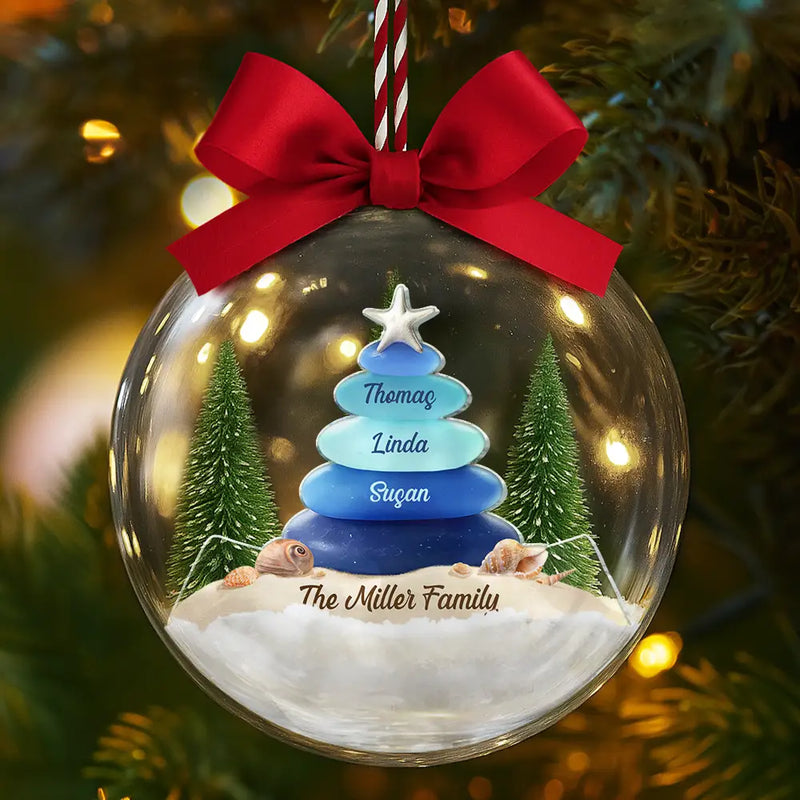 Family,Pet Lovers,Pet Mom,Pet Dad,Pet Couple,Dog Lovers,Dog Couple,Dog Mom,Dog Dad,Cat Lovers,Cat Mom,Cat Dad,Cat Couple,Happy,Single Mom,Single Dad,Gift For Grandpa,Gift For Grandma,Gift For Grandkids,Christmas - Sea Glass Family Beach Lovers - Personalized 3D Acrylic Ball Ornament