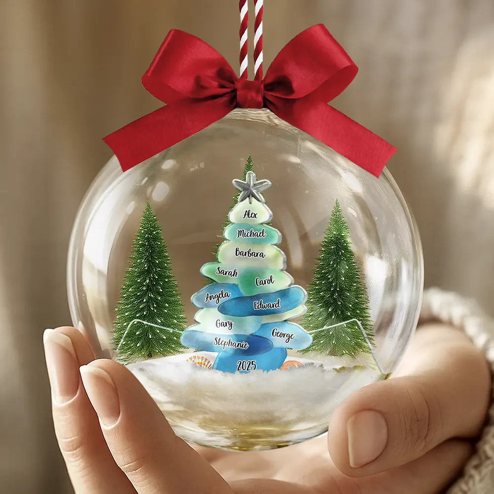 Family,Pet Lovers,Pet Mom,Pet Dad,Pet Couple,Dog Lovers,Dog Couple,Dog Mom,Dog Dad,Cat Lovers,Cat Mom,Cat Dad,Cat Couple,Happy,Single Mom,Single Dad,Gift For Grandpa,Gift For Grandma,Gift For Grandkids,Christmas - Sea Glass Family Christmas - Personalized 3D Acrylic Ball Ornament