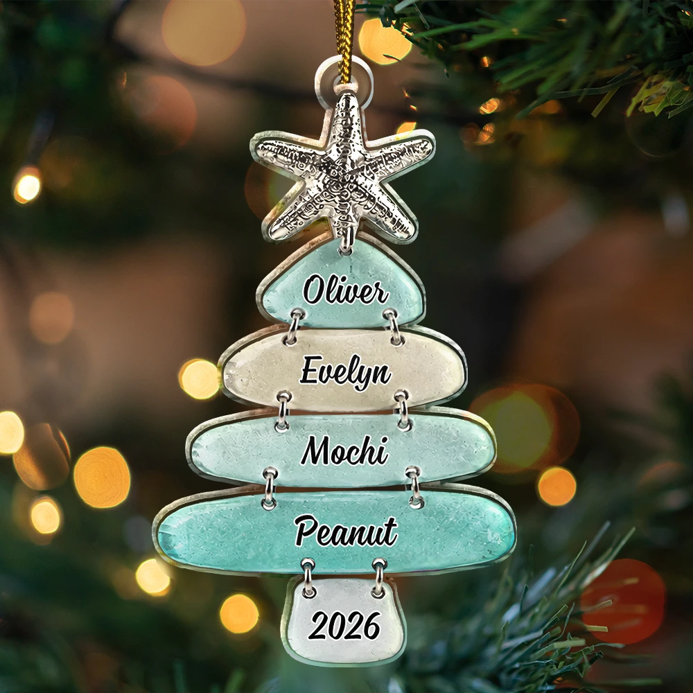 Top Market,Christmas,Beach,Cozy,Family,Icon - Sea Glass Family Christmas Tree With Names - Personalized Custom Shaped Acrylic Ornament