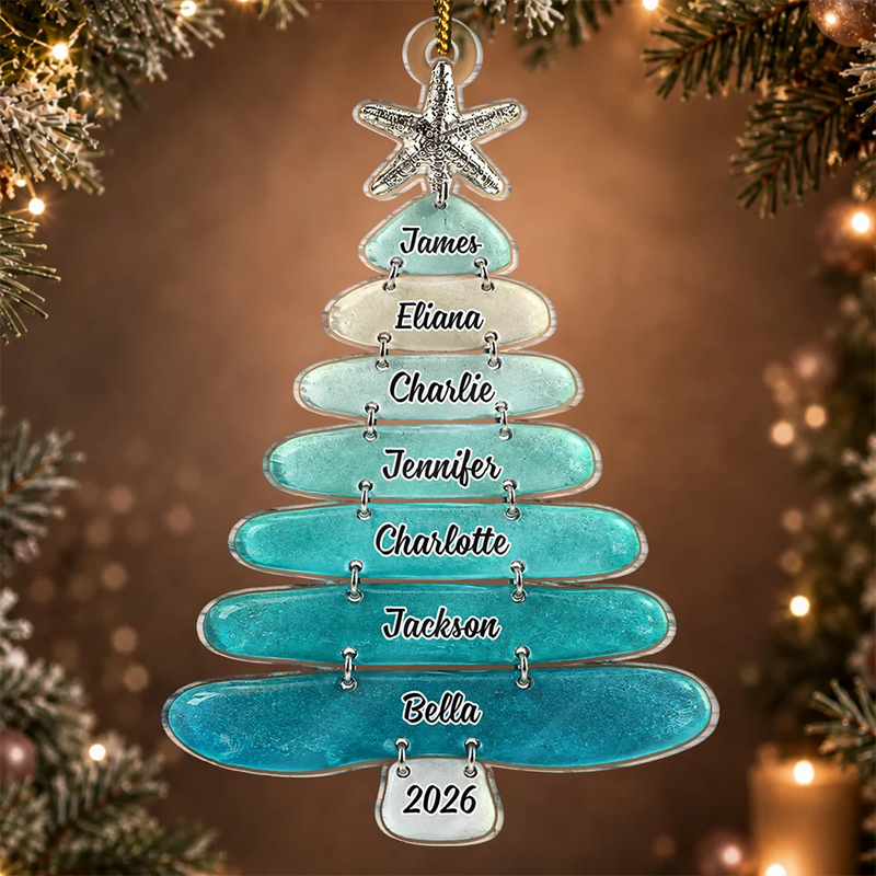 Top Market,Christmas,Beach,Cozy,Family,Icon - Sea Glass Family Christmas Tree With Names - Personalized Custom Shaped Acrylic Ornament