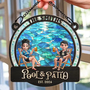 Proud, Backyard, Summer, Outdoor Decor, Gift For Couples, Vector - Sea Glass Frame Backyard Oasis - Personalized Window Hanging Suncatcher Ornament