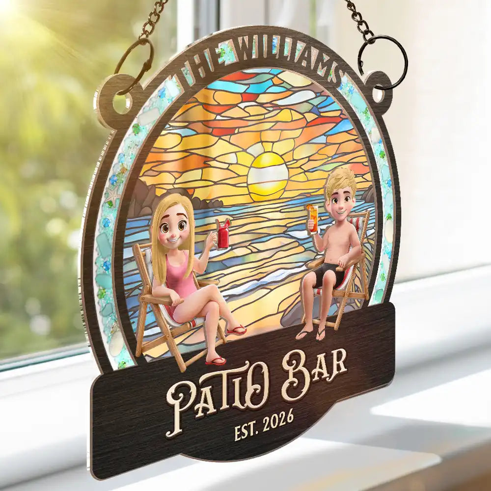 Proud, Backyard, Summer, Outdoor Decor, Gift For Couples, Vector - Sea Glass Frame Backyard Oasis - Personalized Window Hanging Suncatcher Ornament