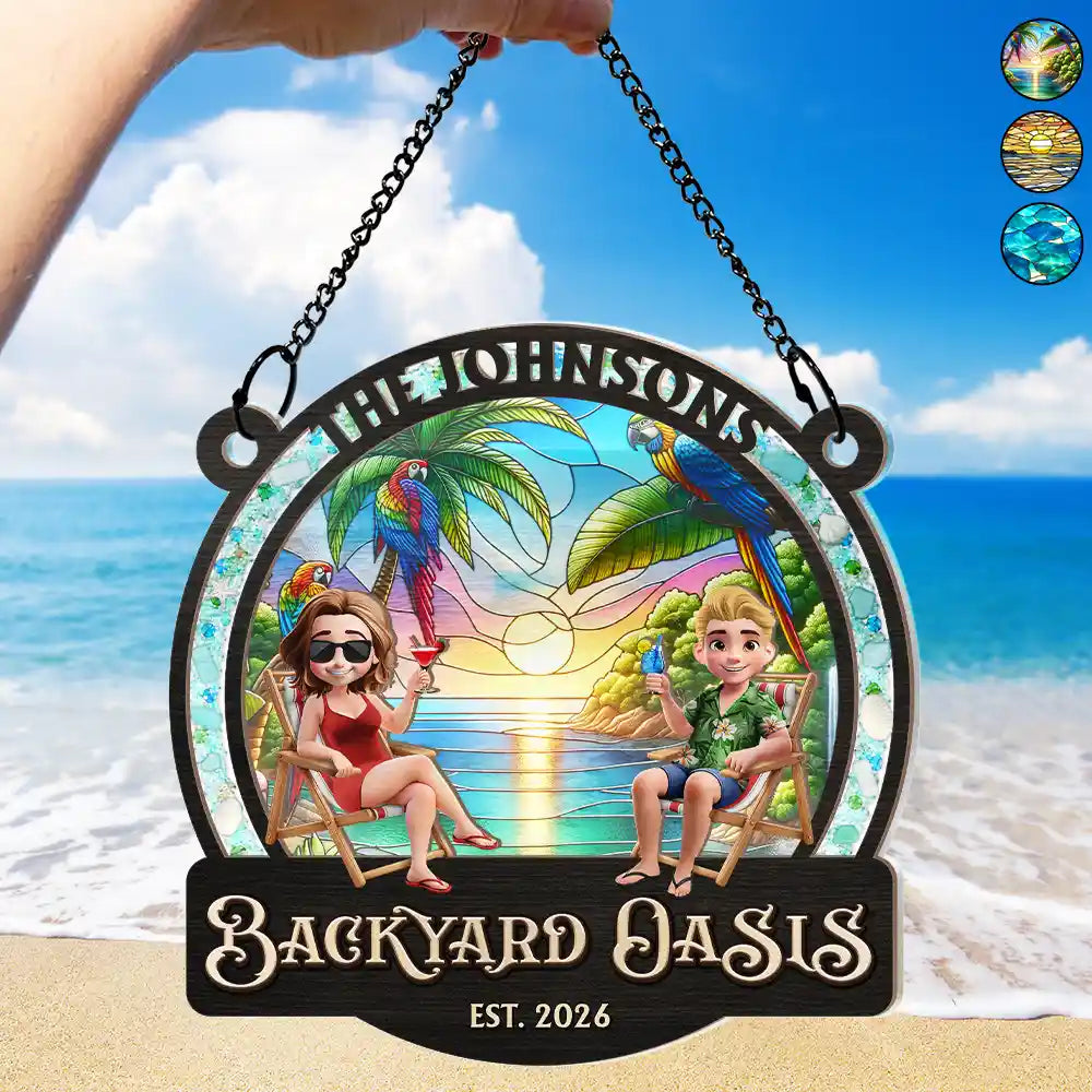 Proud, Backyard, Summer, Outdoor Decor, Gift For Couples, Vector - Sea Glass Frame Backyard Oasis - Personalized Window Hanging Suncatcher Ornament